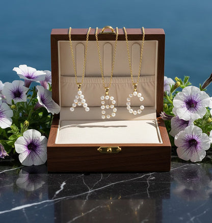 14K Gold and Pearls Initial Pendant Charm Necklace with Lobster Clasp