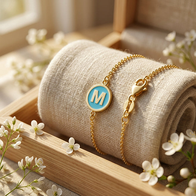 14K Yellow Gold Colored Enamel Initial Bracelet