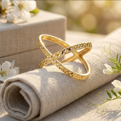14K Yellow Gold Diamond Cut CrissCross Ring