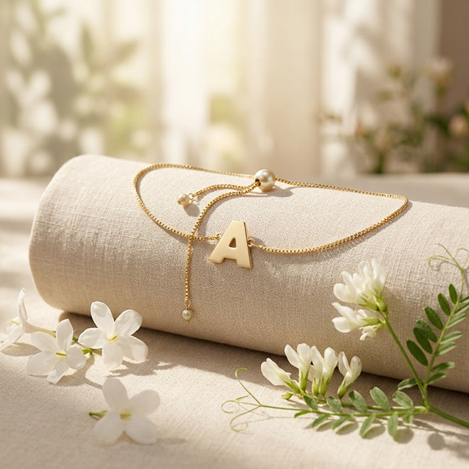 14K Yellow Gold Polished Initial Bracelet with Draw String Clasp