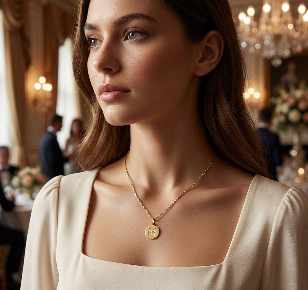 14K Gold Disc Pendant with 1 Initial Diamond Monogram Necklace