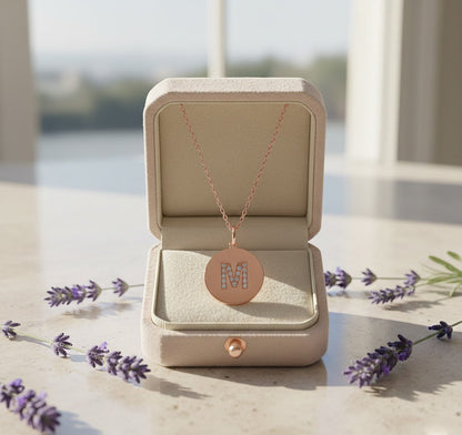 14K Gold Disc Pendant with 1 Initial Diamond Monogram Necklace