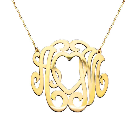 14K Gold Heart and 2 letters Script Monogram Necklace