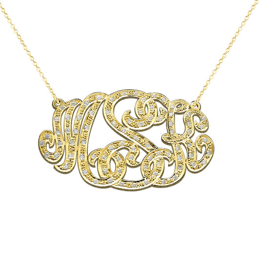14K Gold and Diamond Script Monogram Necklace | Customizable 3 Character Monogram