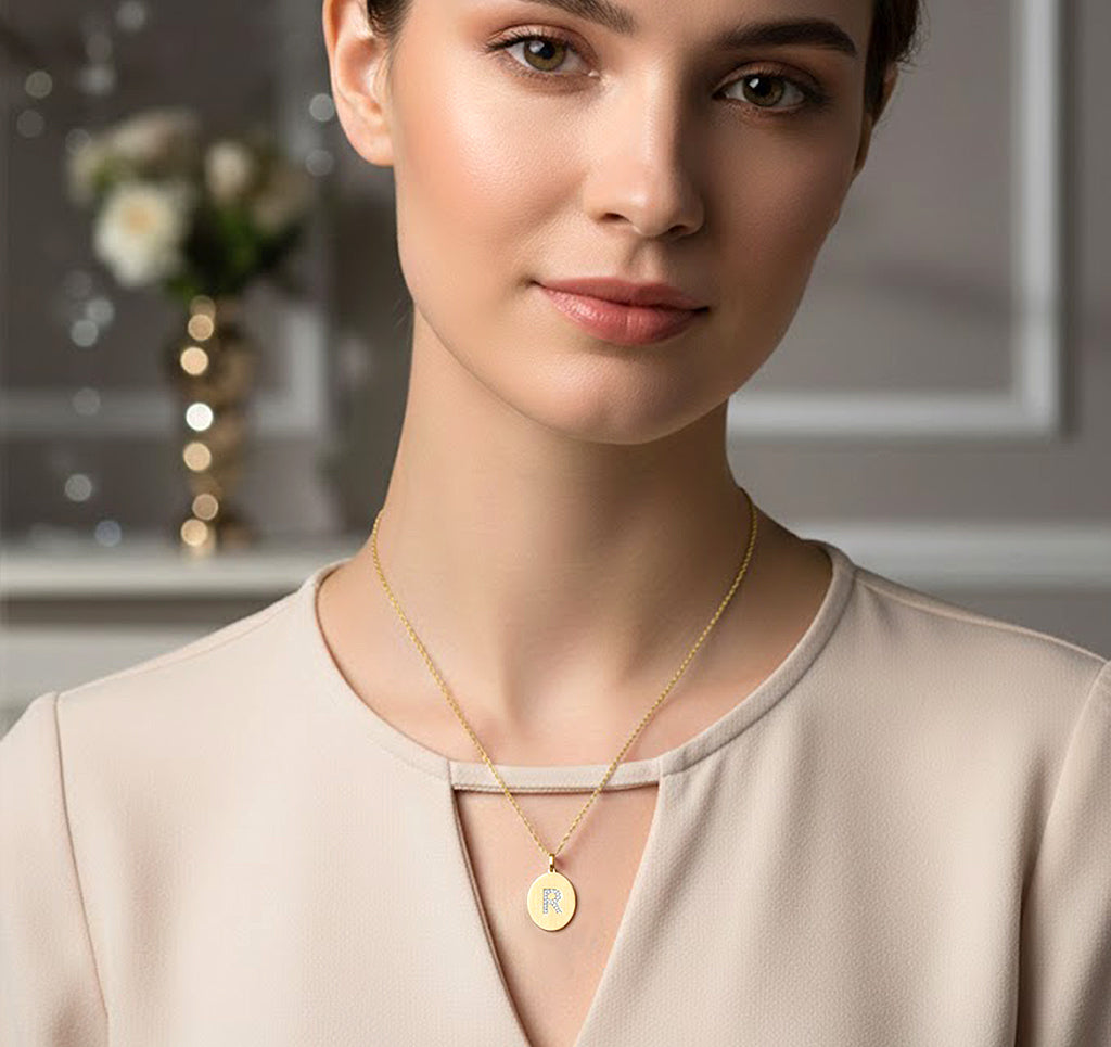 14k Gold and Diamond 1 Initial Brushed Oval Pendant