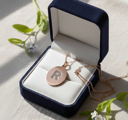 14k Gold and Diamond 1 Initial Brushed Oval Pendant