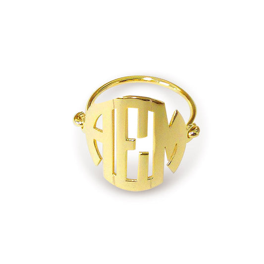 14k Gold 3 Initial Disc Monogram Block Wire Ring | Polished Finish