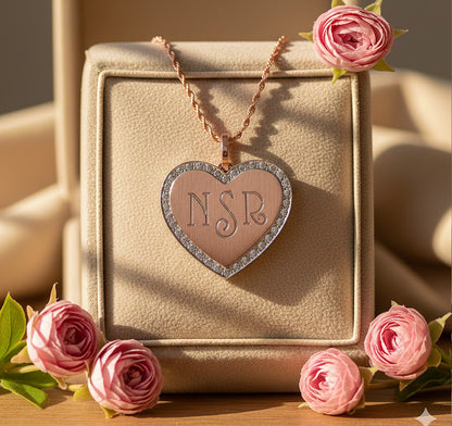 14k Gold and Diamonds 3 Initial Monogrammed Heart Pendant Necklace
