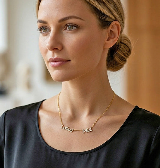 14kt. Gold and Diamonds Freestyle Script Name Necklace | 2 Names Pave Setting