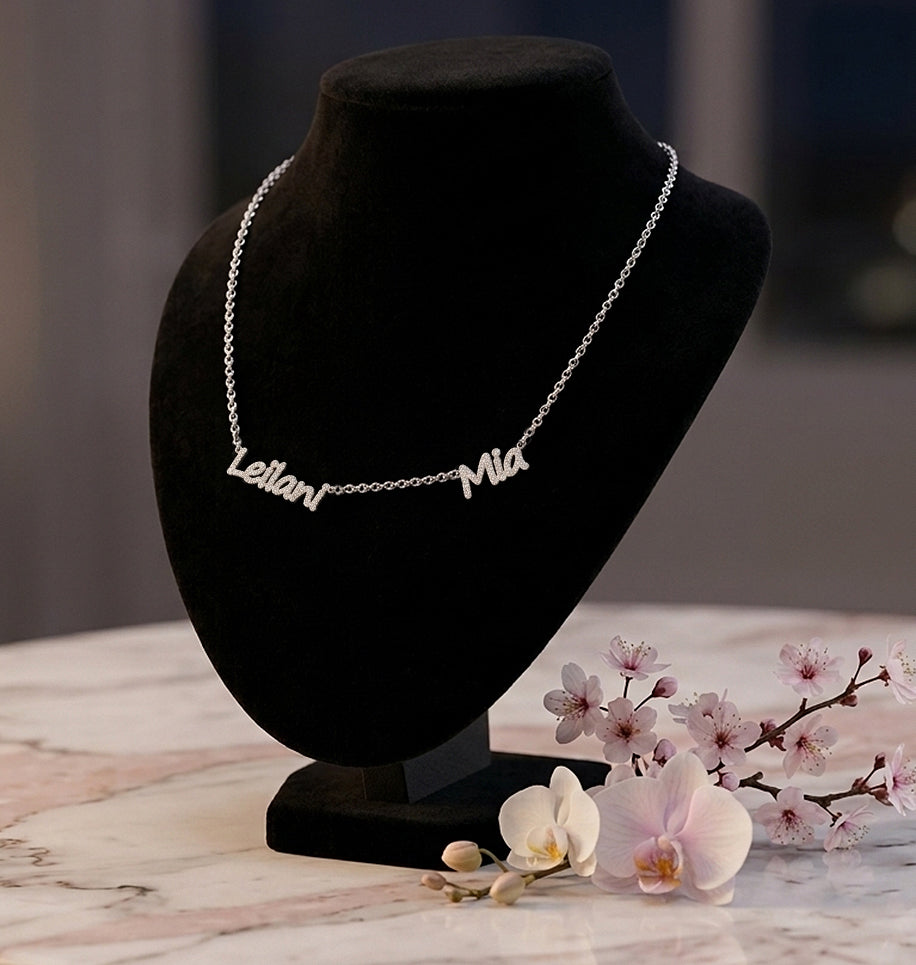 14kt. Gold and Diamonds Freestyle Script Name Necklace | 2 Names Pave Setting