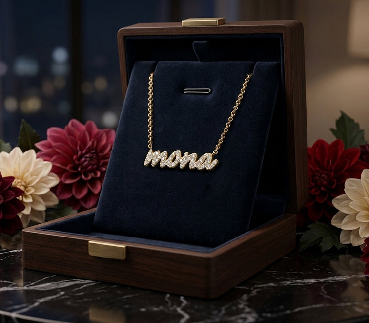 14kt. Gold and Diamonds Freestyle Script Name Necklace | Baby Size