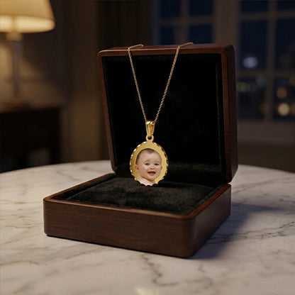 14kt Gold oval shape photo pendant - Mini size 14K Gold Oval Picture Pendant with Diamond Cut Edge - Personalized Custom Jewelry with Your Pictures