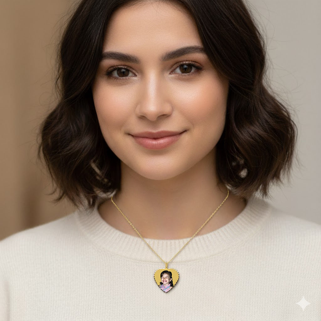 Sterling Silver Heart Picture Pendant with Diamond Cut Edge - Personalized Custom Jewelry with Your Pictures