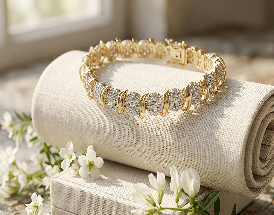 2.45 ctw. Diamond Cluster wave Bracelet in Two Tone 14k White and Yellow Gold
