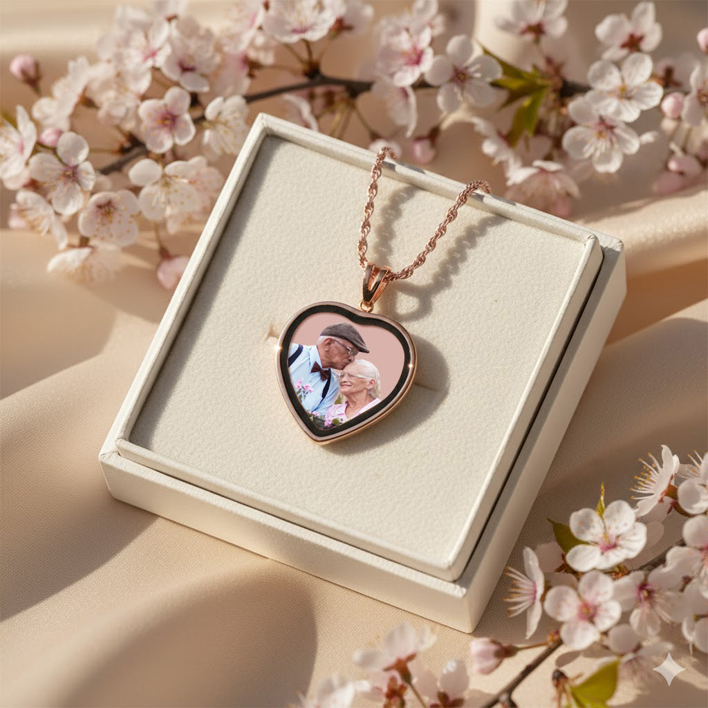 14K Gold Picture Pendant - Heart Shape with Mineral Crystal and Black Border for Personalized Photo Charm
