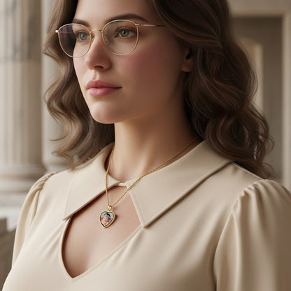 14K Gold Picture Pendant - Heart Shape with Mineral Crystal and Black Border for Personalized Photo Charm