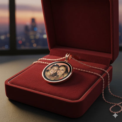 Personalized 14K Gold Picture Pendant - Round Shape with Mineral Crystal and Black Border