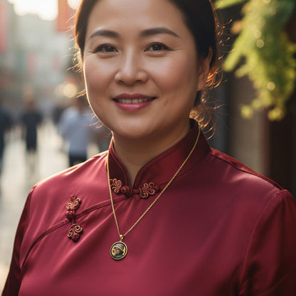 Personalized 14K Gold Picture Pendant - Round Shape with Mineral Crystal and Black Border