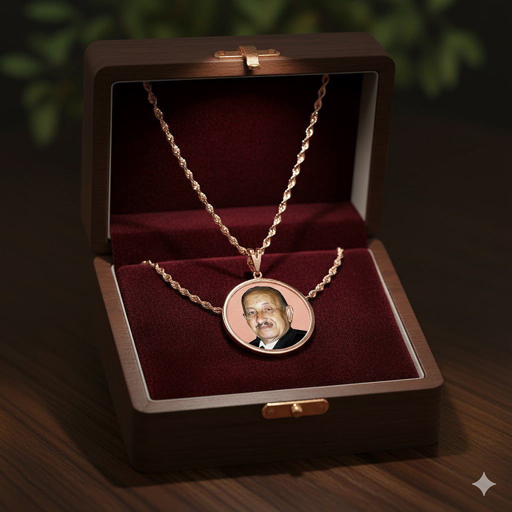 Personalized 14K Gold Picture Pendant - Round Shape with Mineral Crystal