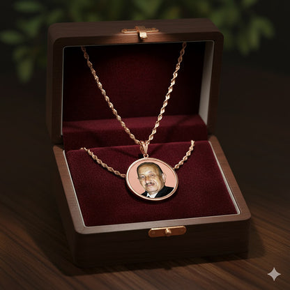 Personalized 14K Gold Picture Pendant - Round Shape with Mineral Crystal