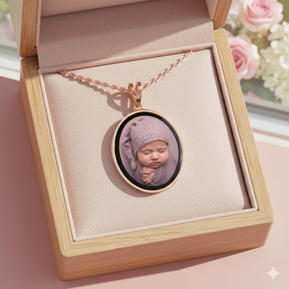 14K Gold Picture Pendant - Oval Shape with Mineral Crystal and Black Border for Personalized Photo Charm