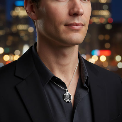 14K Gold Picture Pendant - Oval Shape with Mineral Crystal and Black Border for Personalized Photo Charm