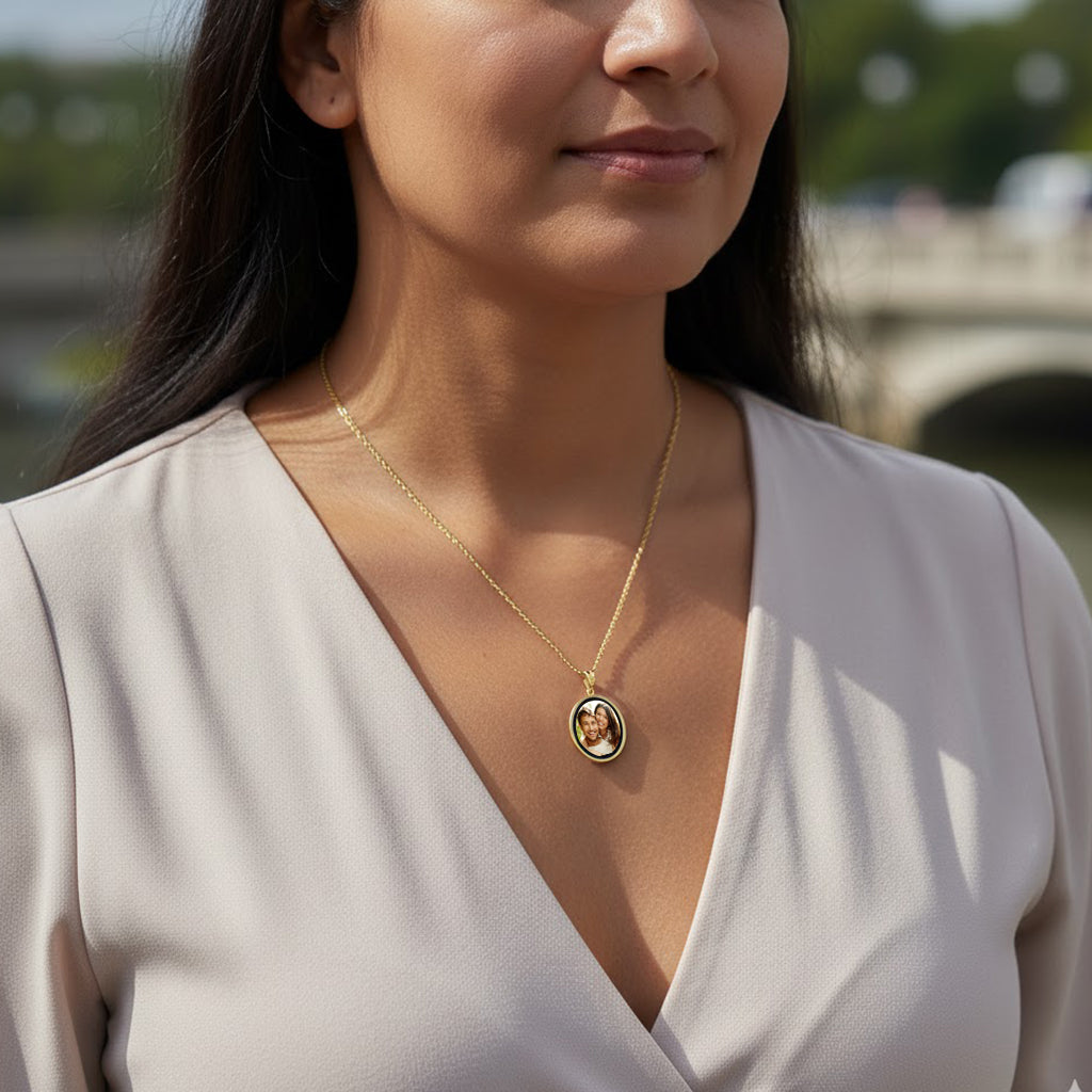 14K Gold Picture Pendant - Oval Shape with Mineral Crystal and Black Border for Personalized Photo Charm