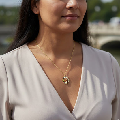 14K Gold Picture Pendant - Oval Shape with Mineral Crystal and Black Border for Personalized Photo Charm