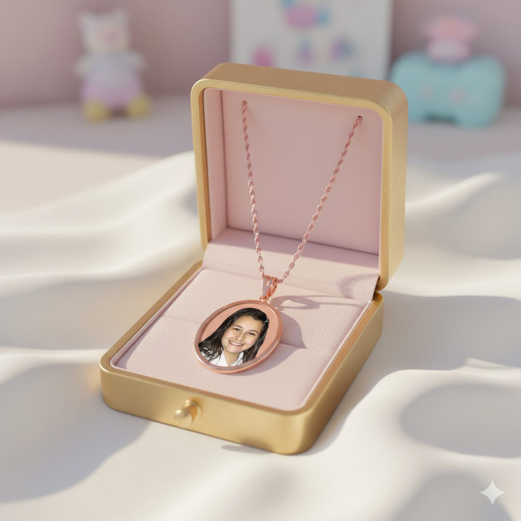 14K Gold Picture Pendant - Oval Shape with Mineral Crystal for Personalized Photo Charm
