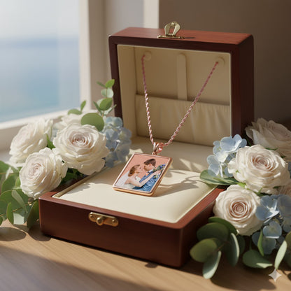 Personalized 14K Gold Picture Pendant - Rectangle Shape with Mineral Crystal and Black Border