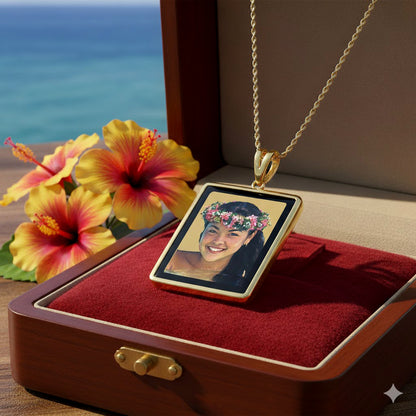 Personalized 14K Gold Picture Pendant - Rectangle Shape with Mineral Crystal