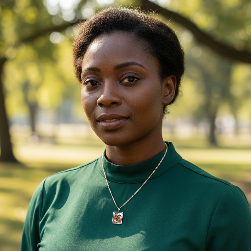 Personalized 14K Gold Picture Pendant - Rectangle Shape with Mineral Crystal