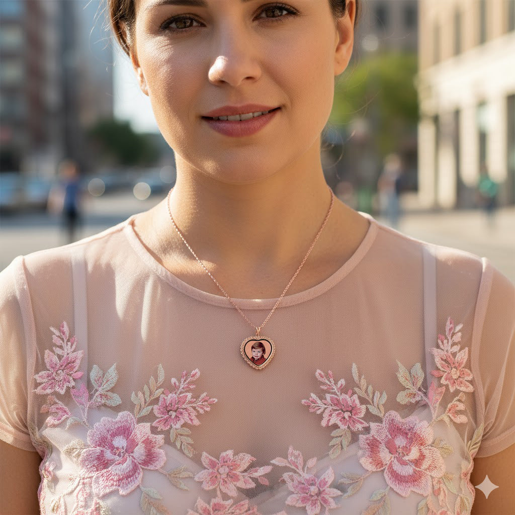 Personalized Photo Heart Locket Necklace | Waterproof, HD Laser Image, Mineral Crystal Memorial Necklace