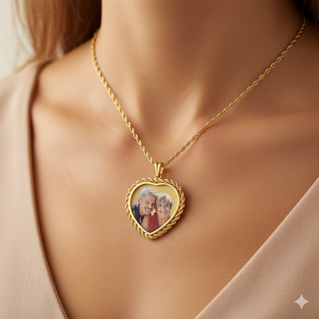 Personalized Heart Shape with Rope Chain Frame and HD Laser Printed Custom Jewelry with Your Pictures