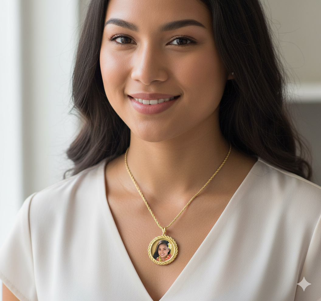 Round Shape Picture Pendant with Glass in a Rope Design Frame in Sterling Silver or Solid 14k Gold