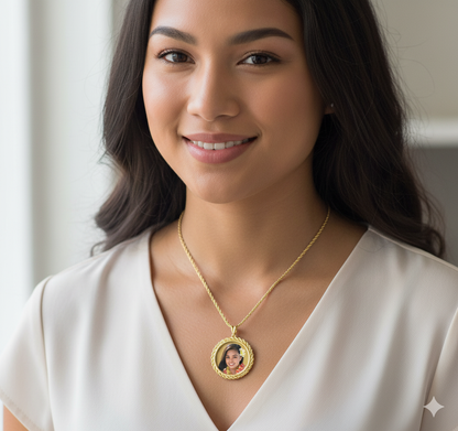 Round Shape Picture Pendant with Glass in a Rope Design Frame in Sterling Silver or Solid 14k Gold