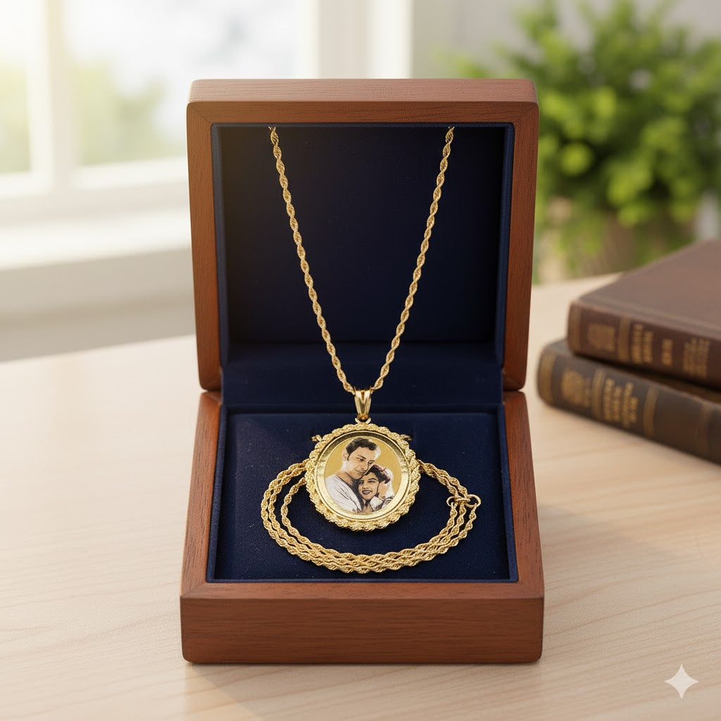14K Gold Oval Picture Pendant with Rope Chain Frame and HD Laser Printed Custom Jewelry with Your Pictures - Personalized Photo Charm