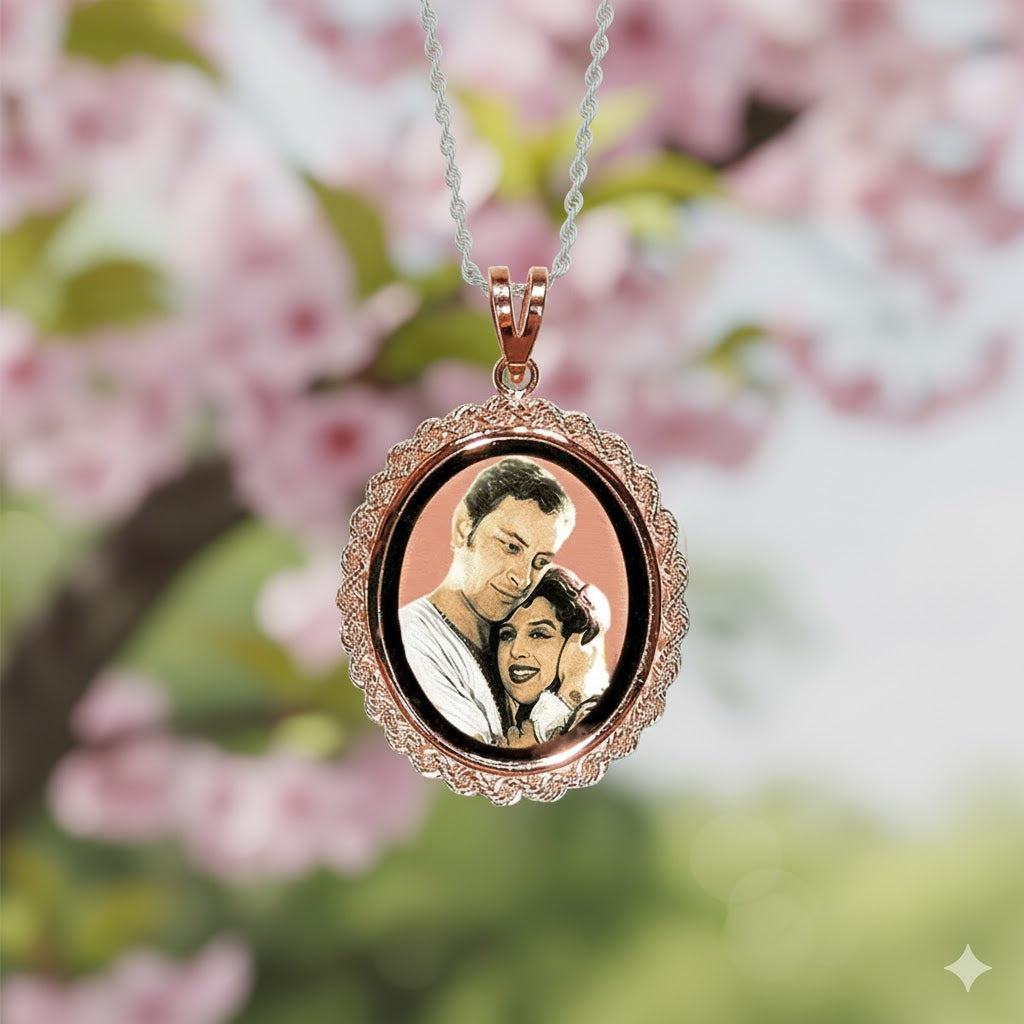 Oval Picture Pendant - 14K Gold Charm with Rope Chain Frame, Black Border, and Personalized Photo of Your Choice