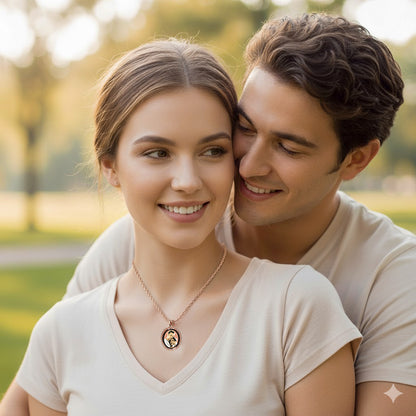 Oval Picture Pendant - 14K Gold Charm with Rope Chain Frame, Black Border, and Personalized Photo of Your Choice