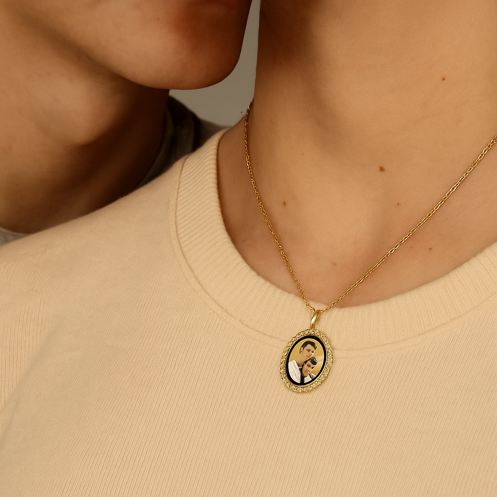 Oval Picture Pendant - 14K Gold Charm with Rope Chain Frame, Black Border, and Personalized Photo of Your Choice