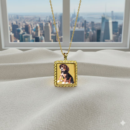 Personalized Picture Pendant - 14K Gold Rectangle Shape with Rope Chain Frame and HD Laser Printed Custom Jewelry with Your Pictures