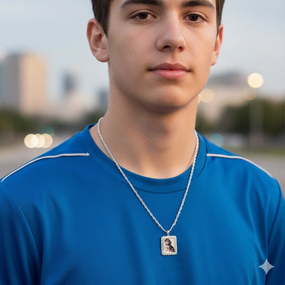 Personalized Picture Pendant - 14K Gold Rectangle Shape with Rope Chain Frame and HD Laser Printed Custom Jewelry with Your Pictures