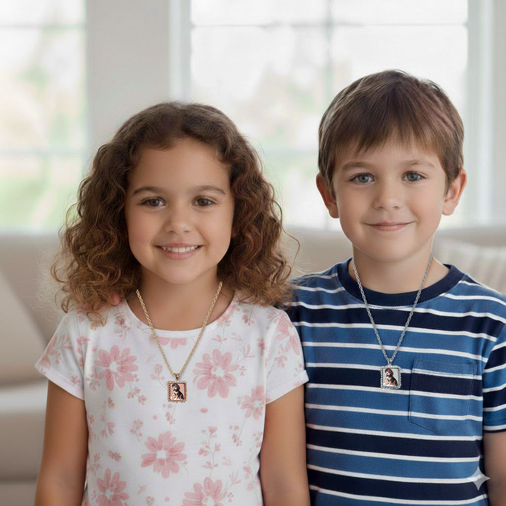 Personalized Picture Pendant - 14K Gold Rectangle Shape with Rope Chain Frame and HD Laser Printed Custom Jewelry with Your Pictures