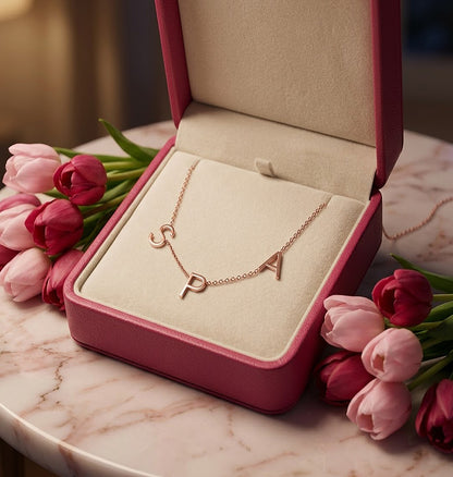 3 Initials Offset Letters Necklace in High Polished 14K Gold