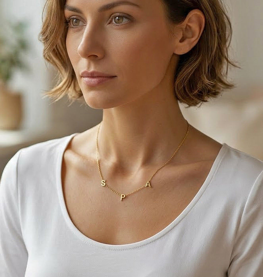 3 Initials Offset Letters Necklace in High Polished 14K Gold