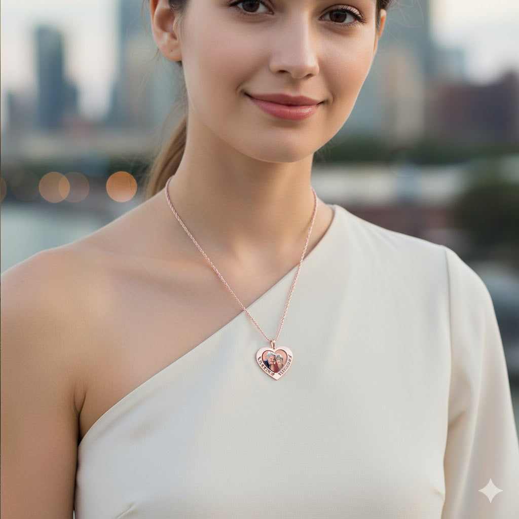 Personalized 14K Gold Picture Pendant - Heart Cut-Out Shape with Name