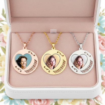 Personalized 14K Gold Picture Pendant - Round Shape with Floral Design, Heart and Name Cut-Out