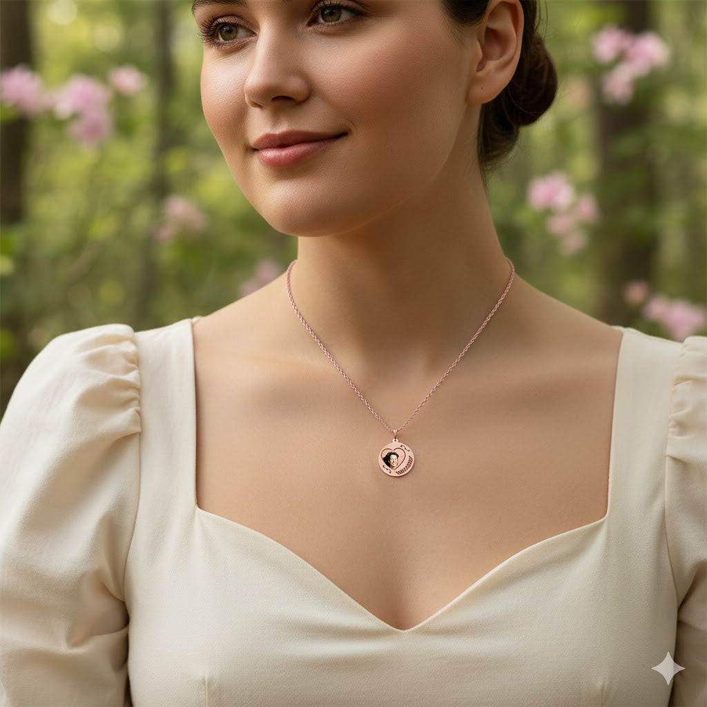 Personalized 14K Gold Picture Pendant - Round Shape with Floral Design, Heart and Name Cut-Out