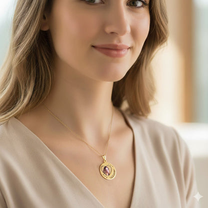 Personalized 14K Gold Picture Pendant - Round Shape with Floral Design, Heart and Name Cut-Out