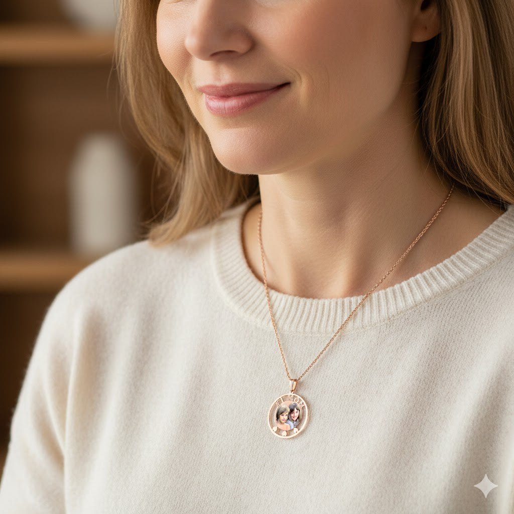 Picture Pendant - Round Shape with Heart and Name Cut-Out for Personalized Photo Charm | Sterling Silver